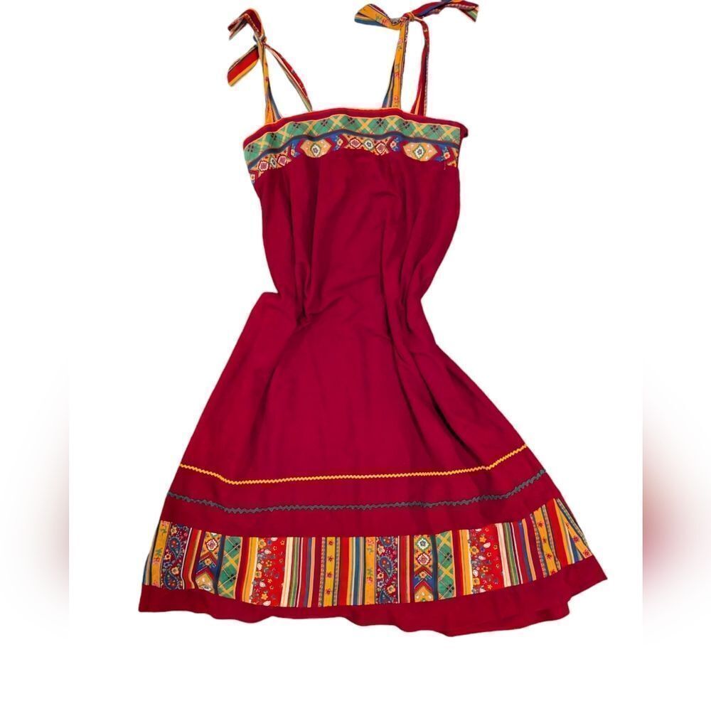 Boho 70s vintage patchwork red floral striped dress‎ women's size large - Picture 3 of 11